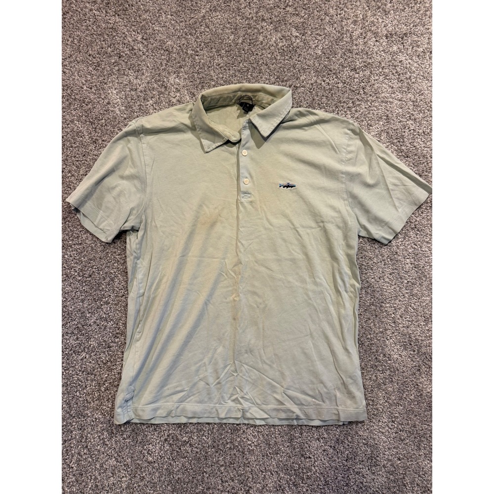 Patagonia Polo Shirt‎ Mens M Green Fitz Roy Trout Organic Cotton Short Sleeve *